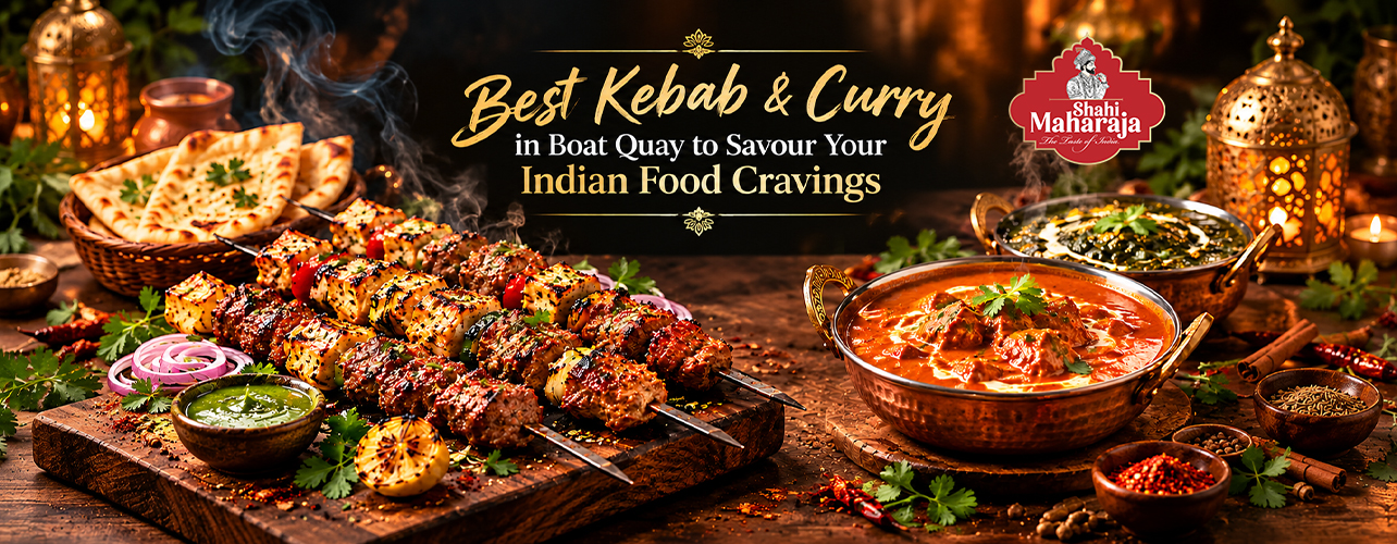 Freshly grilled kebabs served with rich curry and naan at an Indian restaurant in Boat Quay, Singapore.
